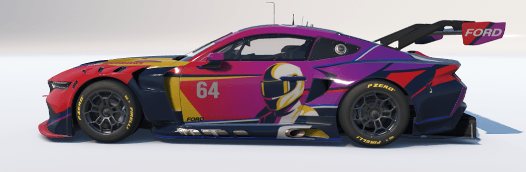 Navy, scarlet, yellow and magenta Ford Mustang GT3 livery with original helmeted racer artwork inspected in iRacing