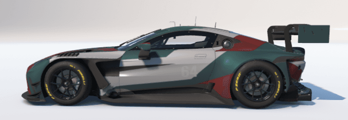 Green, white and red Aston Martin Vantage GT3 EVO livery inspected in iRacing