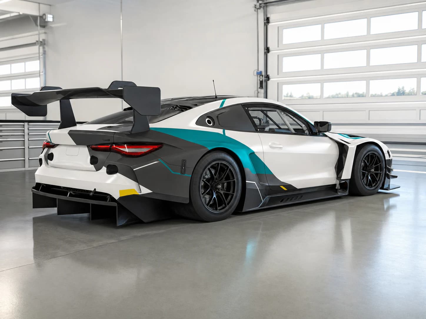 Number-free pearl, graphite and teal BMW M4 GT3 EVO demo livery