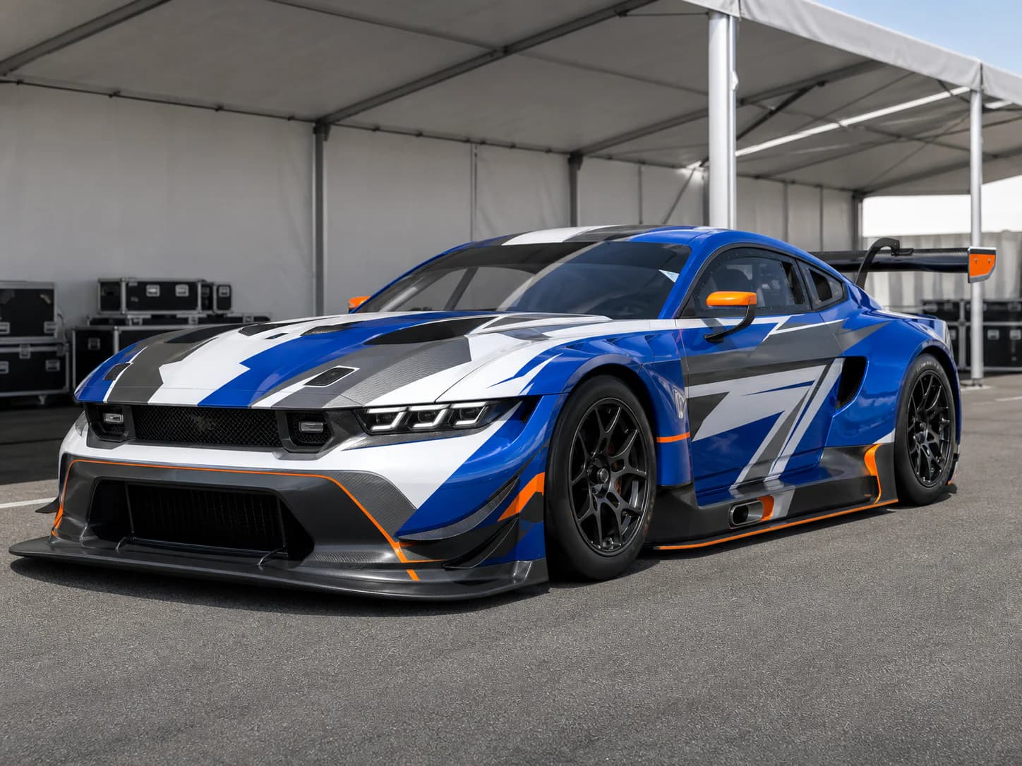 Number-free cobalt, white and orange Ford Mustang GT3 demo livery
